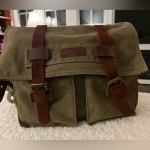 Military Green Canvas Crossbody Bag with Brown Leather Straps